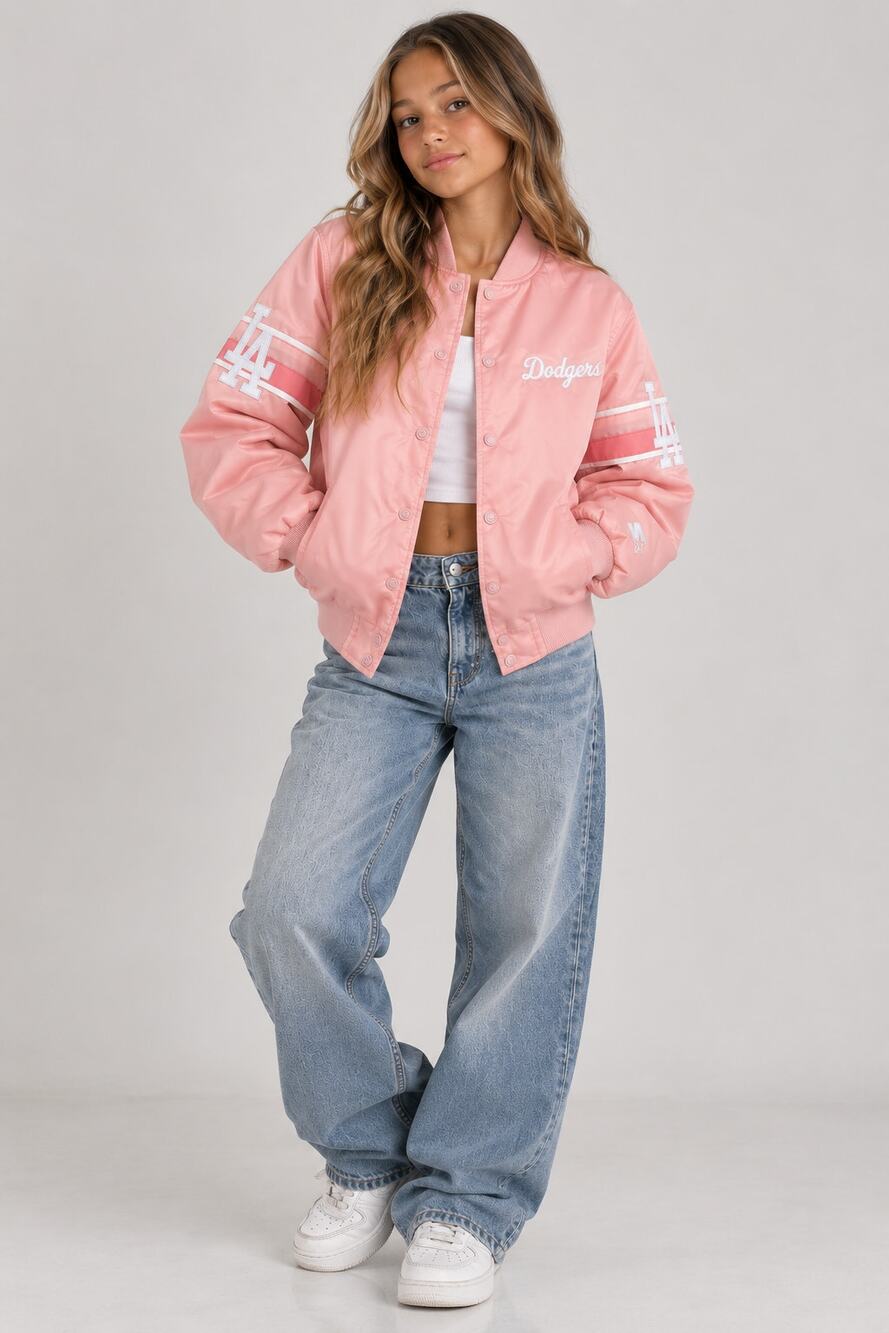 Starter LA Dodgers Jacket Girls M 12-14 Pink Satin Varsity Bomber MLB